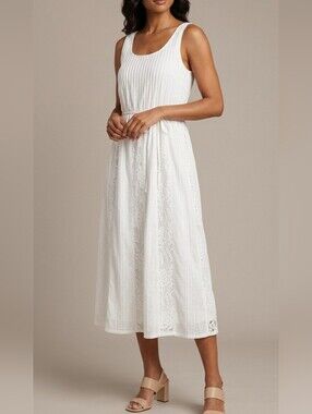 Adelyn Rae 100% Cotton White Eyelet Lace Sleeveless Maxi Dress Size Large Beach